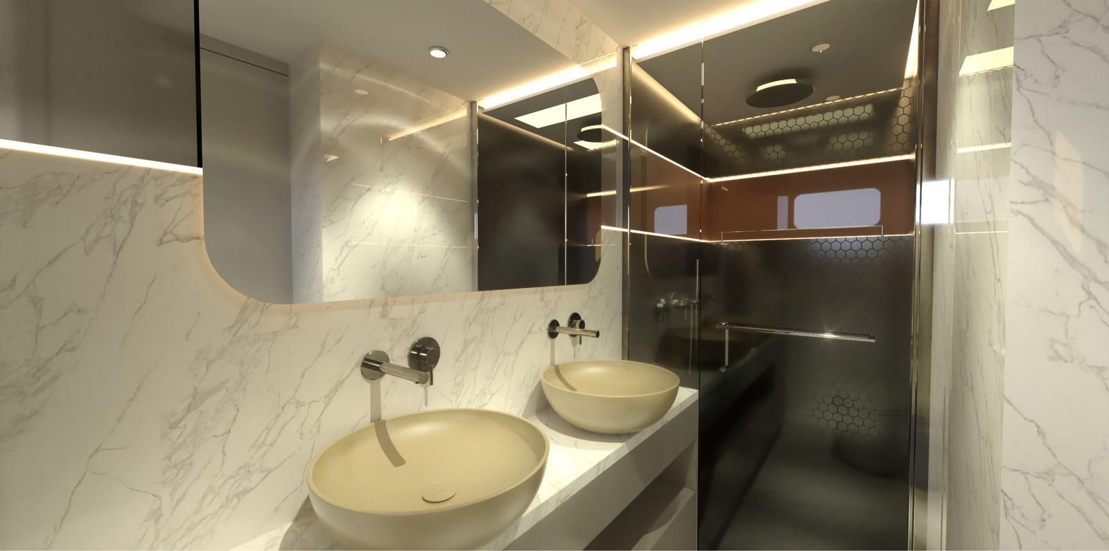 a bathroom with two sinks aboard VOYAGE ONE Yacht for Sale