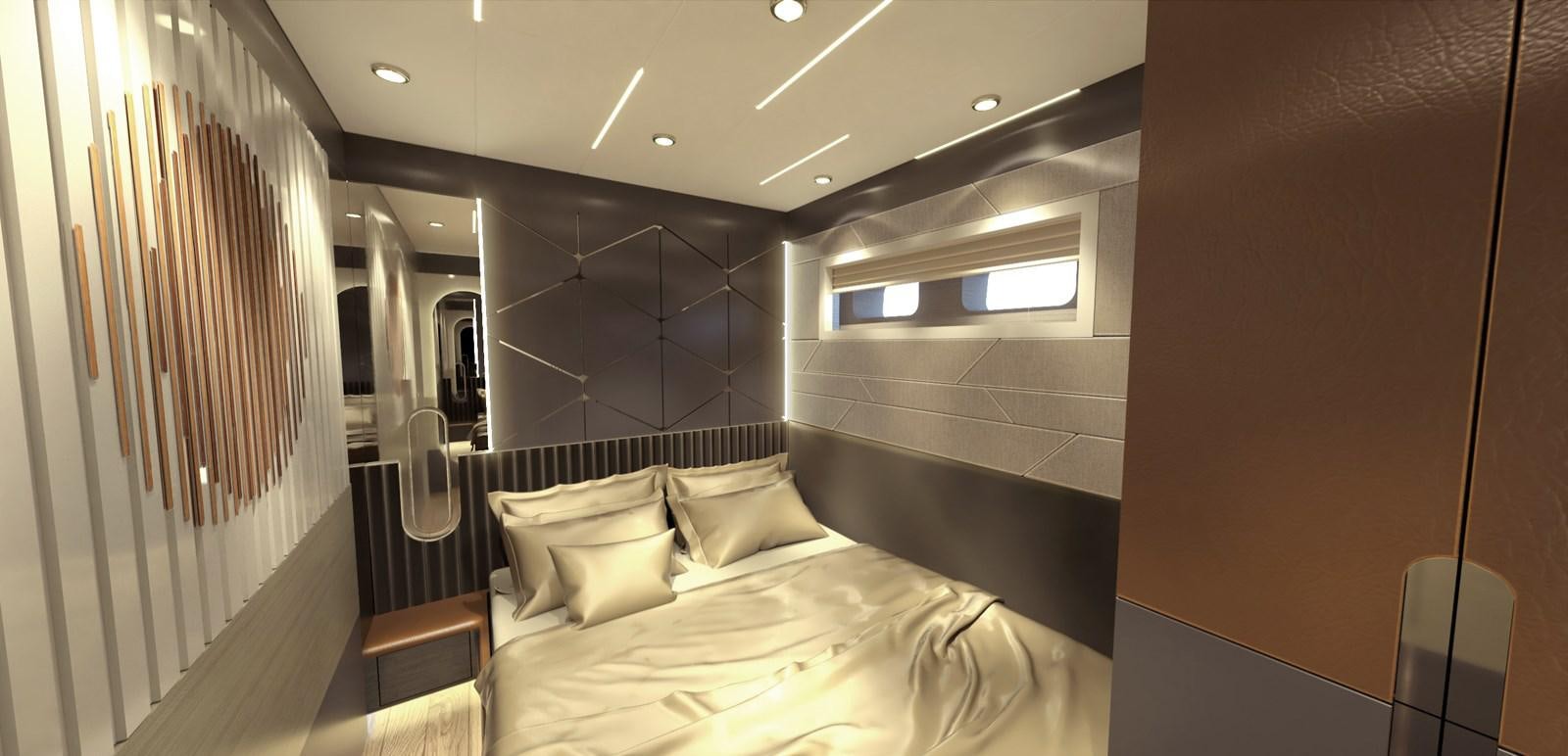 a room with a bed and a mirror aboard VOYAGE ONE Yacht for Sale