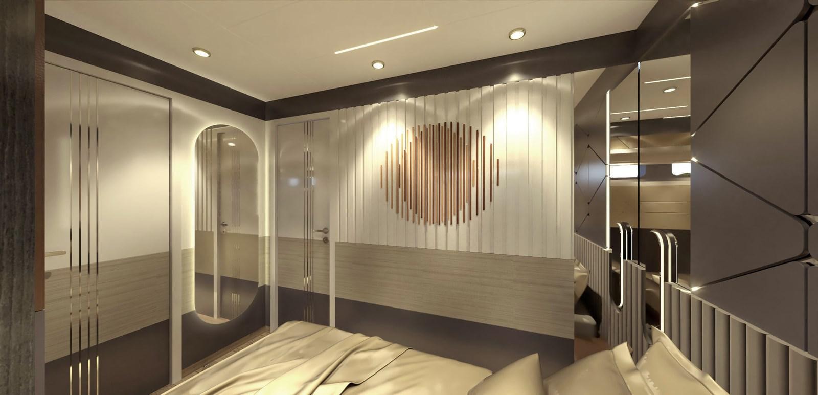 a room with a bed and a mirror aboard VOYAGE ONE Yacht for Sale