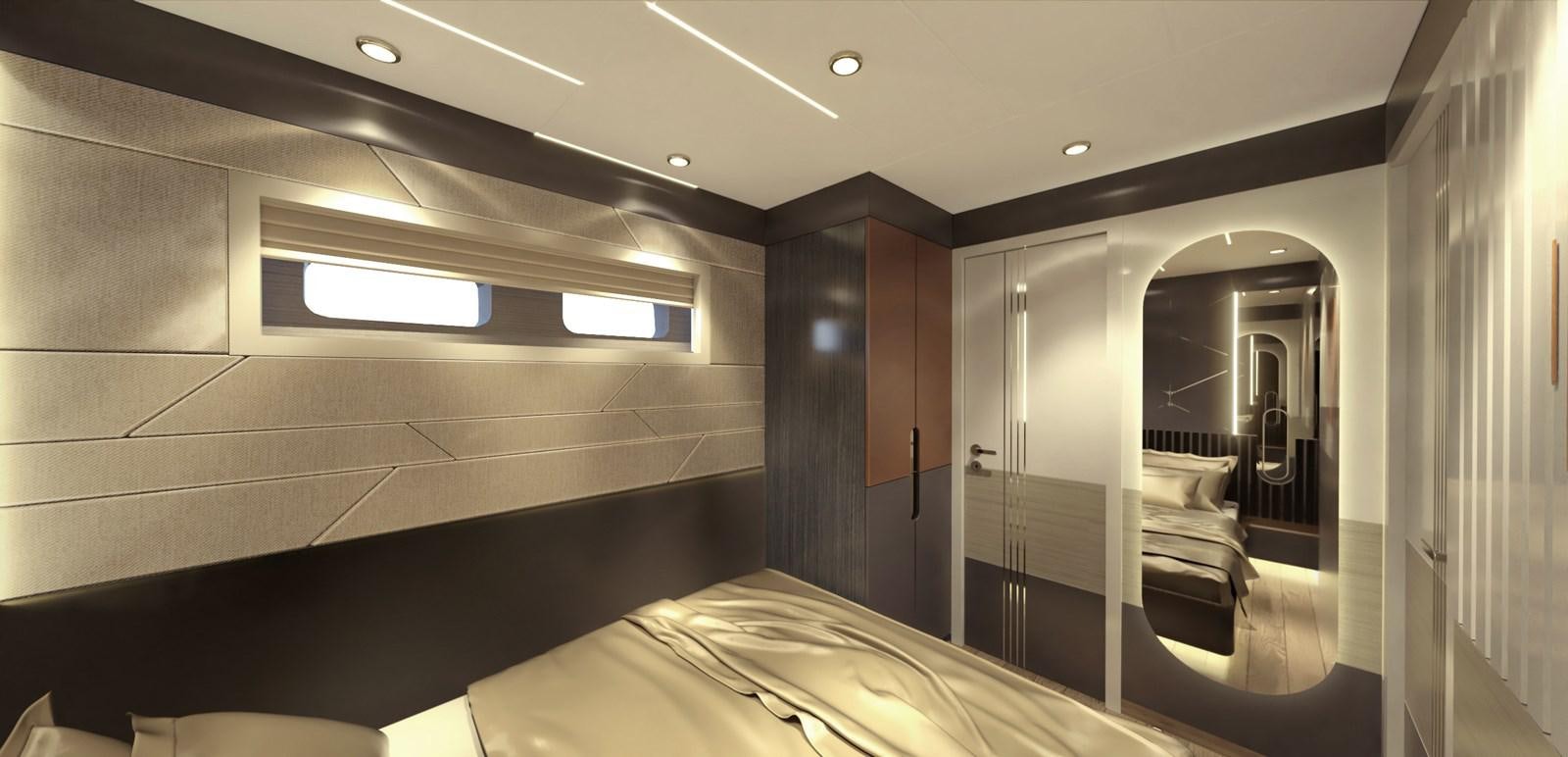 a room with a bed and a door aboard VOYAGE ONE Yacht for Sale