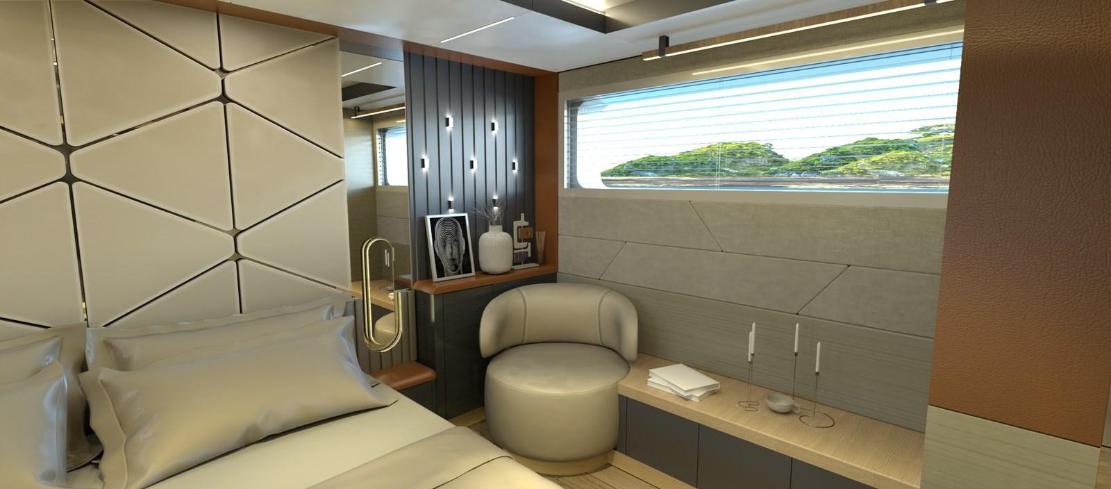 a room with a bed and a desk aboard VOYAGE ONE Yacht for Sale