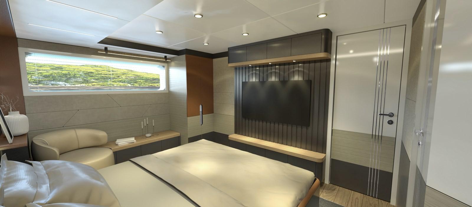 a room with a bed and a window aboard VOYAGE ONE Yacht for Sale