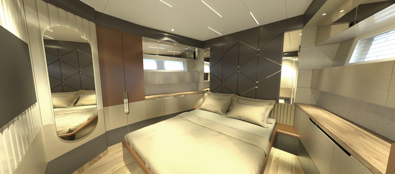 a room with a bed and a mirror aboard VOYAGE ONE Yacht for Sale