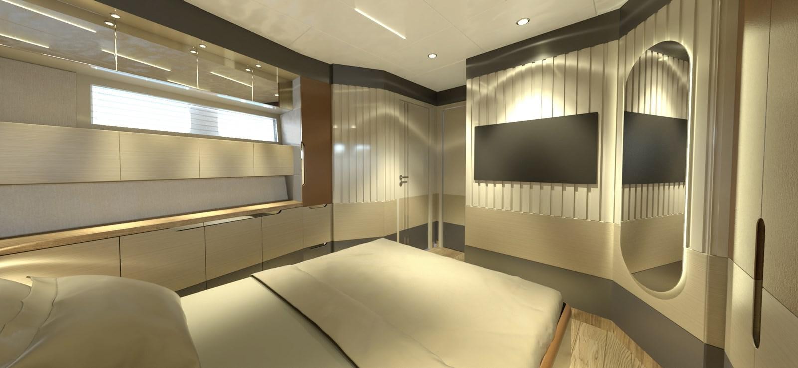 a room with a bed and a window aboard VOYAGE ONE Yacht for Sale