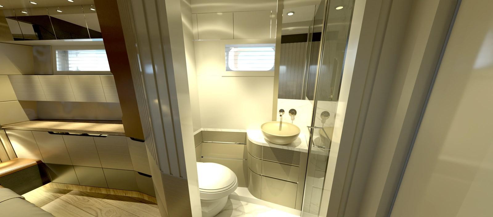 a bathroom with a glass shower aboard VOYAGE ONE Yacht for Sale