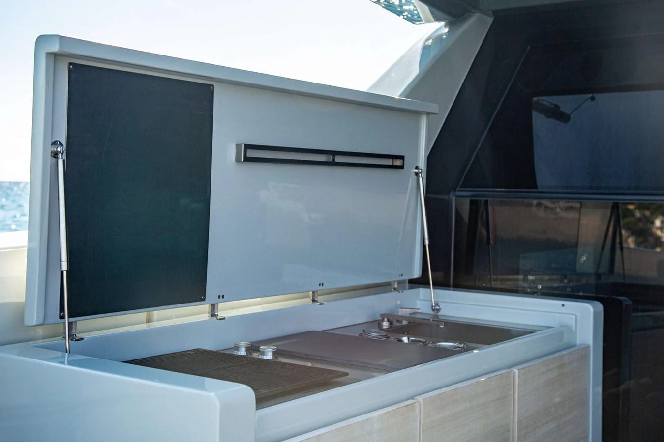 a large window with a sink aboard 2020 BLUEGAME BGX70 #02 Yacht for Sale