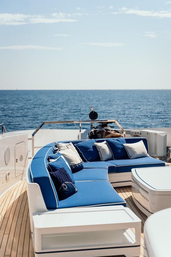 a boat with a blue cover and a dog on the deck aboard ALULIM Yacht for Sale