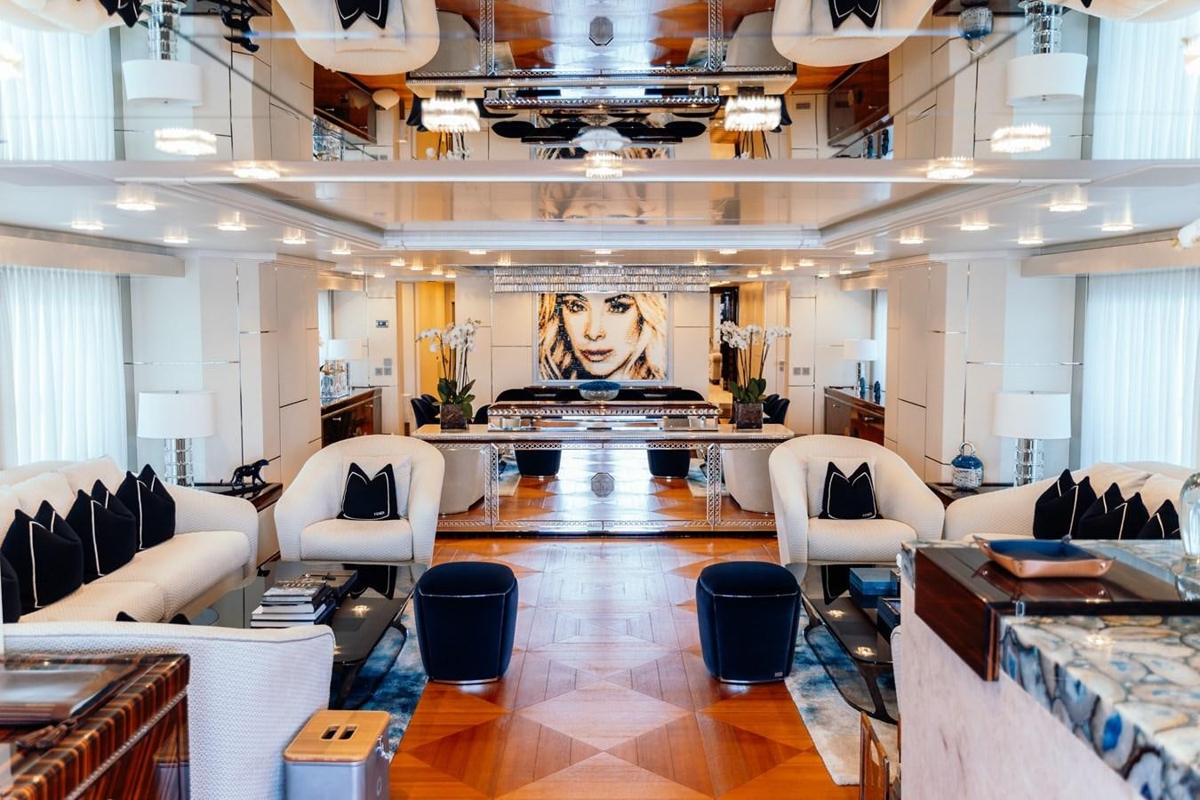 a large room with a large mirror aboard ALULIM Yacht for Sale