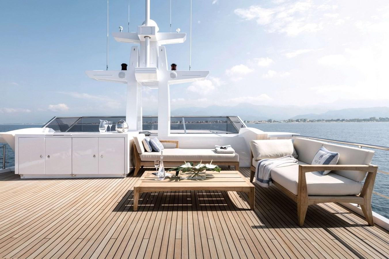 a white room with a white table and a white chair and a white building with a white ceiling aboard 2019 AZIMUT GRANDE 35 M/Y HEED Yacht for Sale