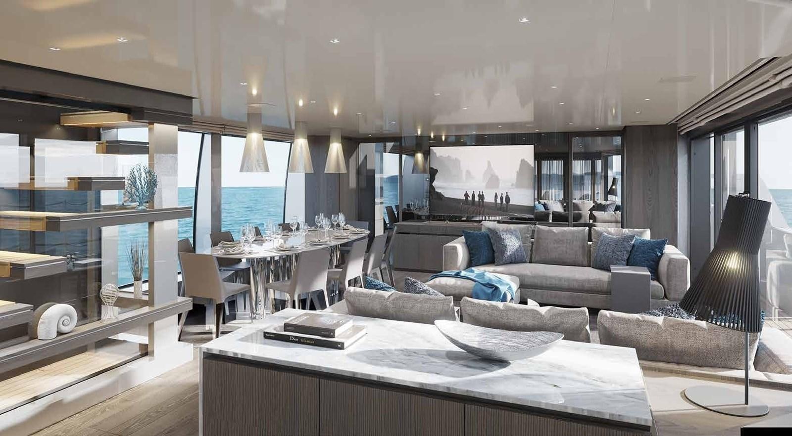 a living room with a large couch aboard PANAME Yacht for Sale