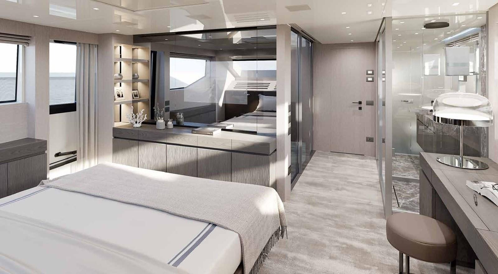 a room with a bed and a desk aboard PANAME Yacht for Sale