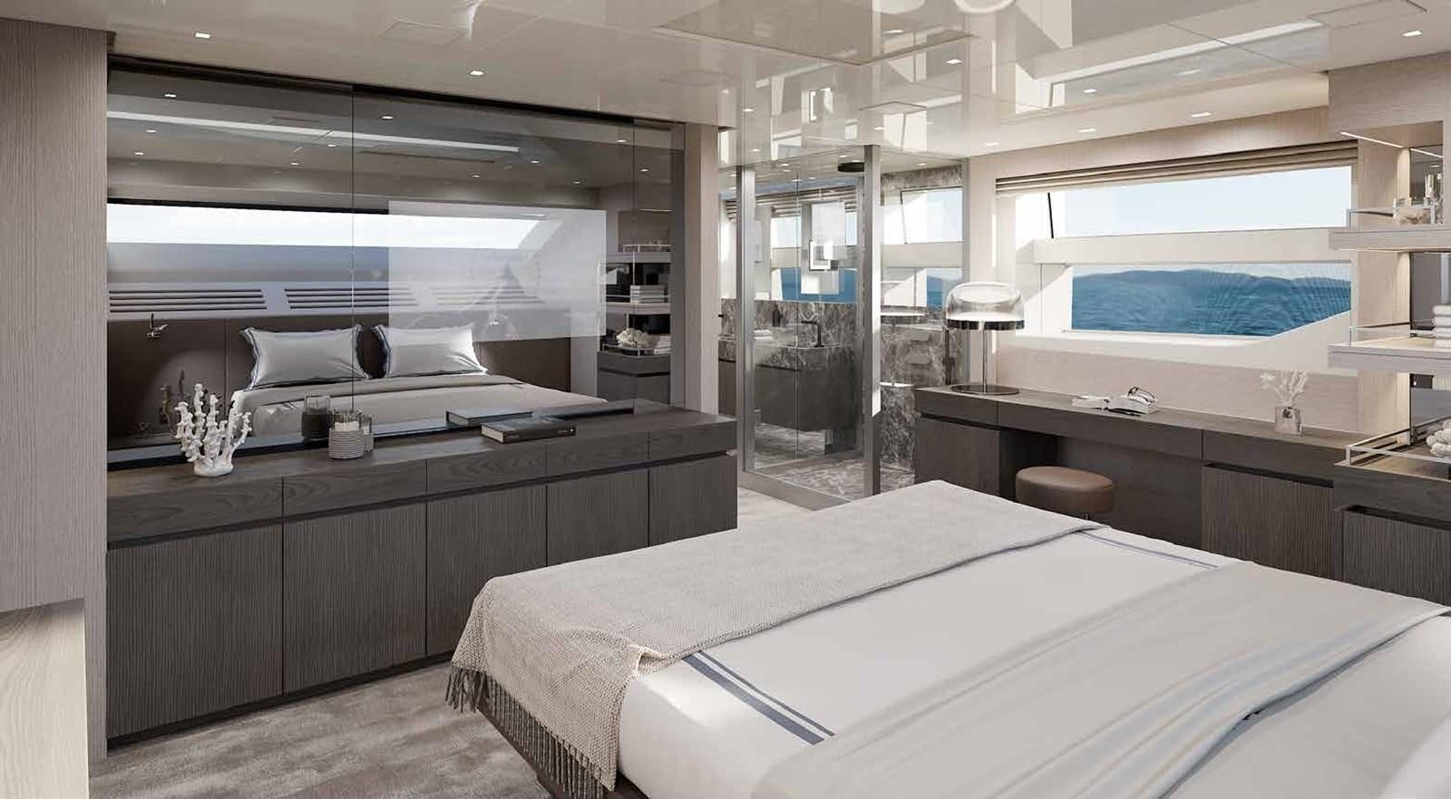 a room with a bed and a desk aboard PANAME Yacht for Sale