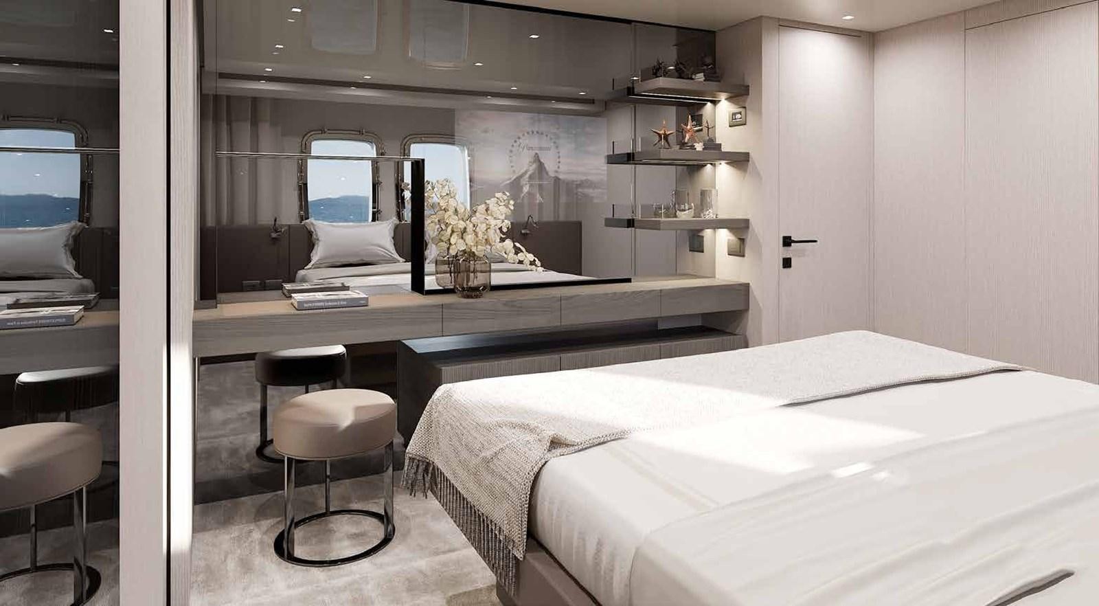 a room with a bed and desk aboard PANAME Yacht for Sale