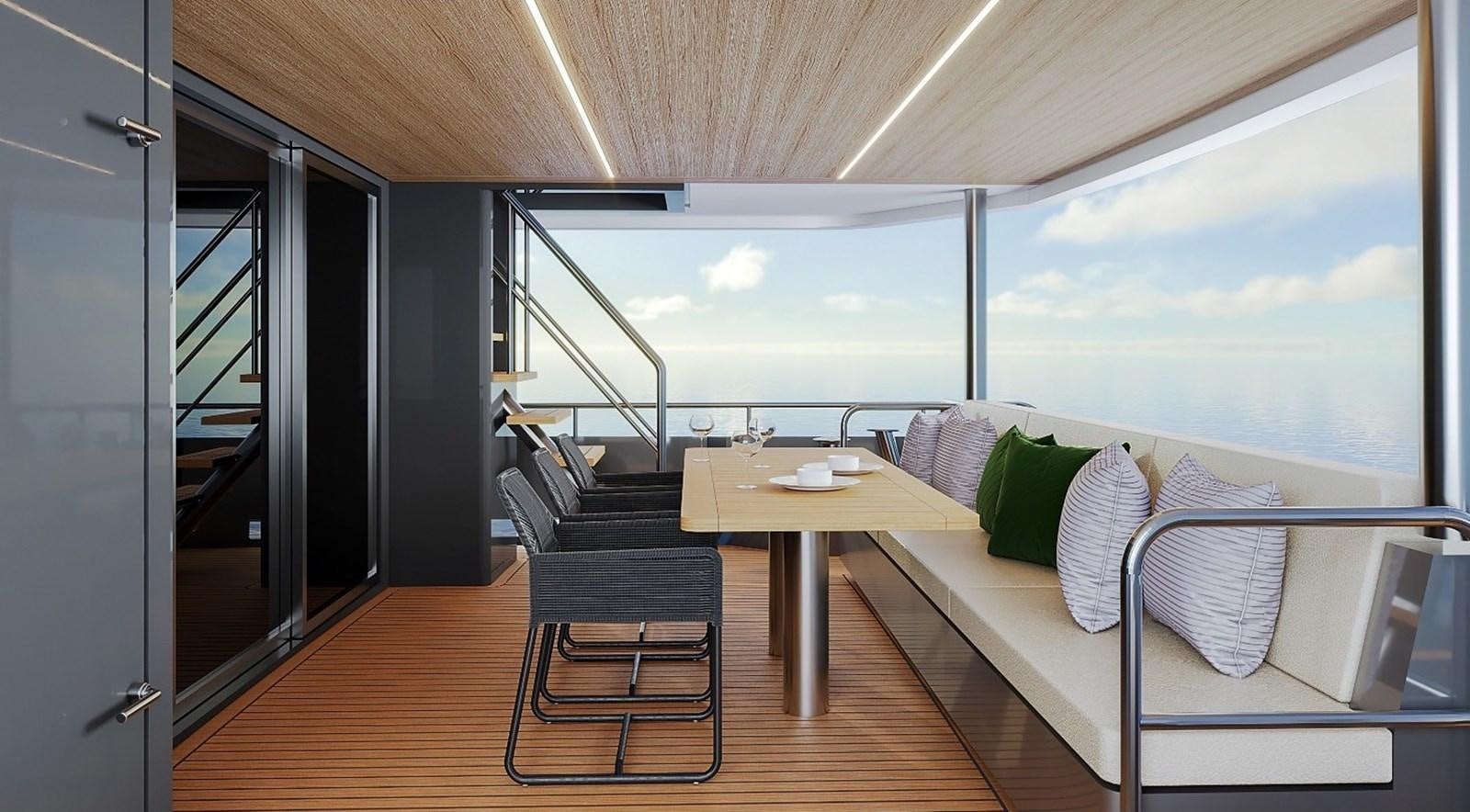 a room with a bed and a table and a window aboard AVENTURA 130 Yacht for Sale