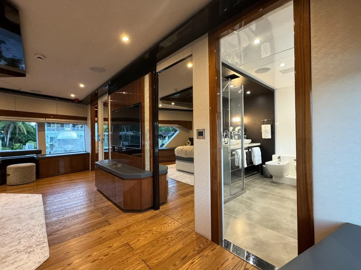 a modern looking bathroom aboard KANDO Yacht for Sale