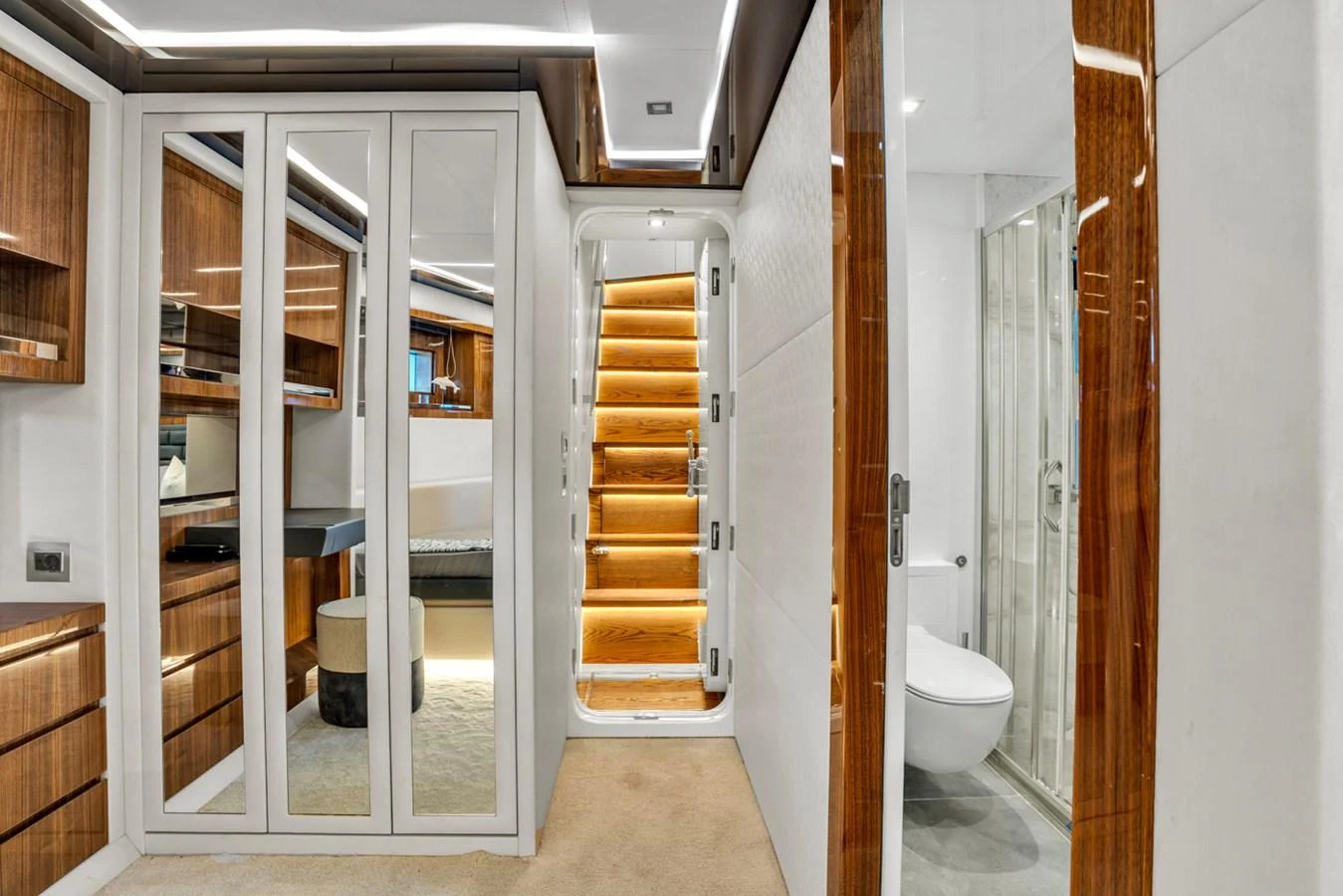 a bathroom with a glass door aboard KANDO Yacht for Sale
