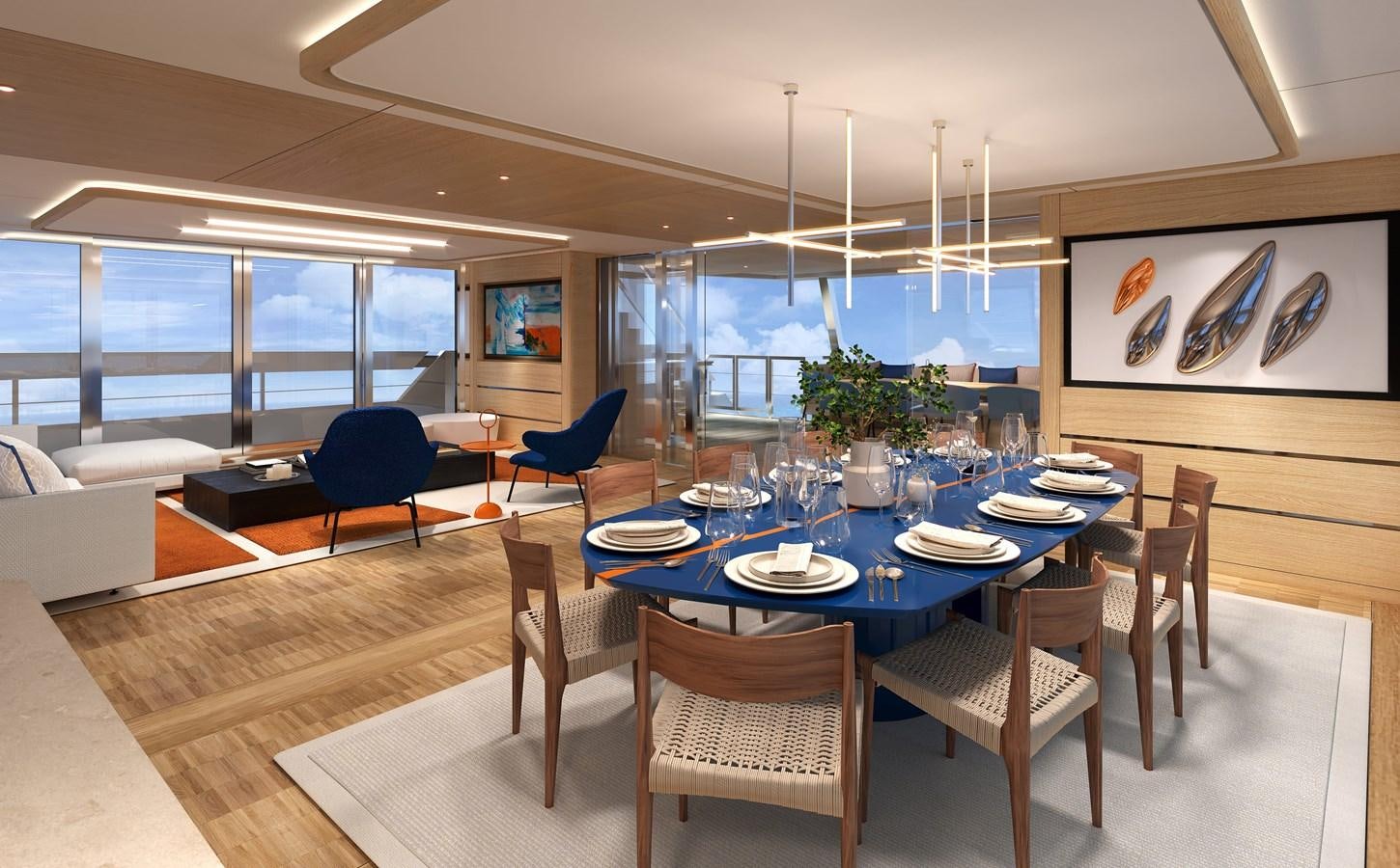 a dining room with a table and chairs aboard SILVERCAT SC22M Yacht for Sale