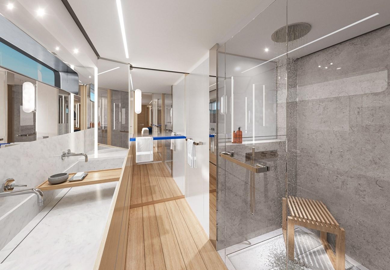 a bathroom with a wood floor aboard SILVERCAT SC22M Yacht for Sale