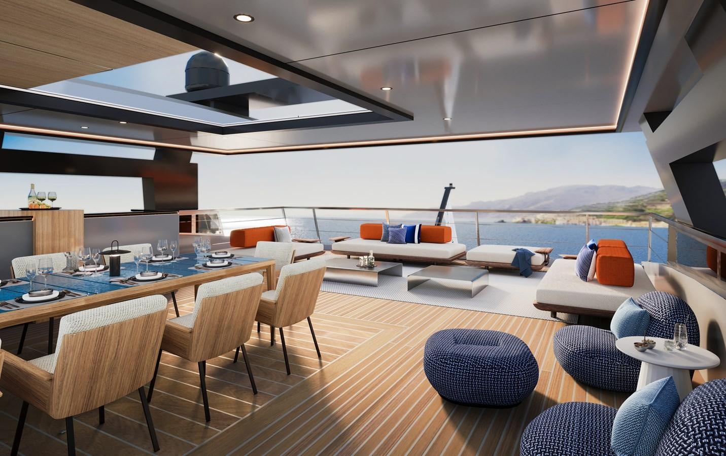 a room with tables and chairs aboard SILVERCAT SC22M Yacht for Sale