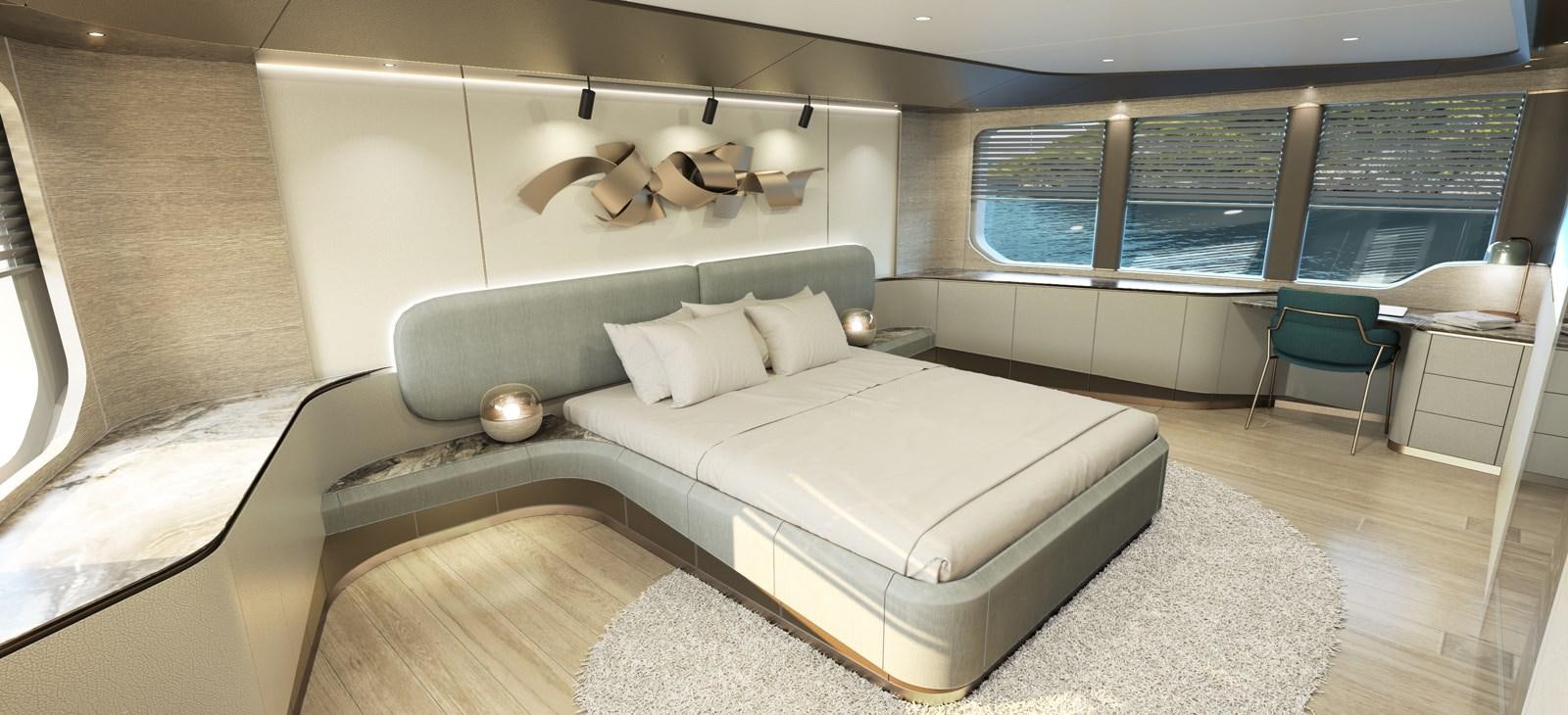 a large white bed in a room aboard KANDO 90 Yacht for Sale
