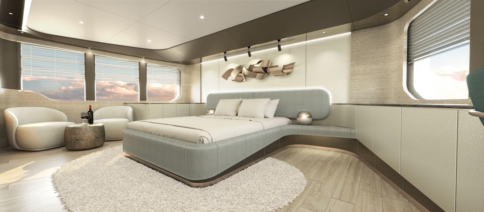 a room with a bed and a couch aboard KANDO 90 Yacht for Sale