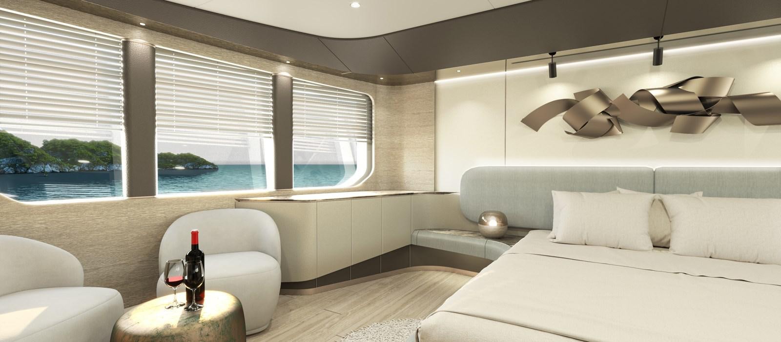 a room with a bed and a glass of wine aboard KANDO 90 Yacht for Sale