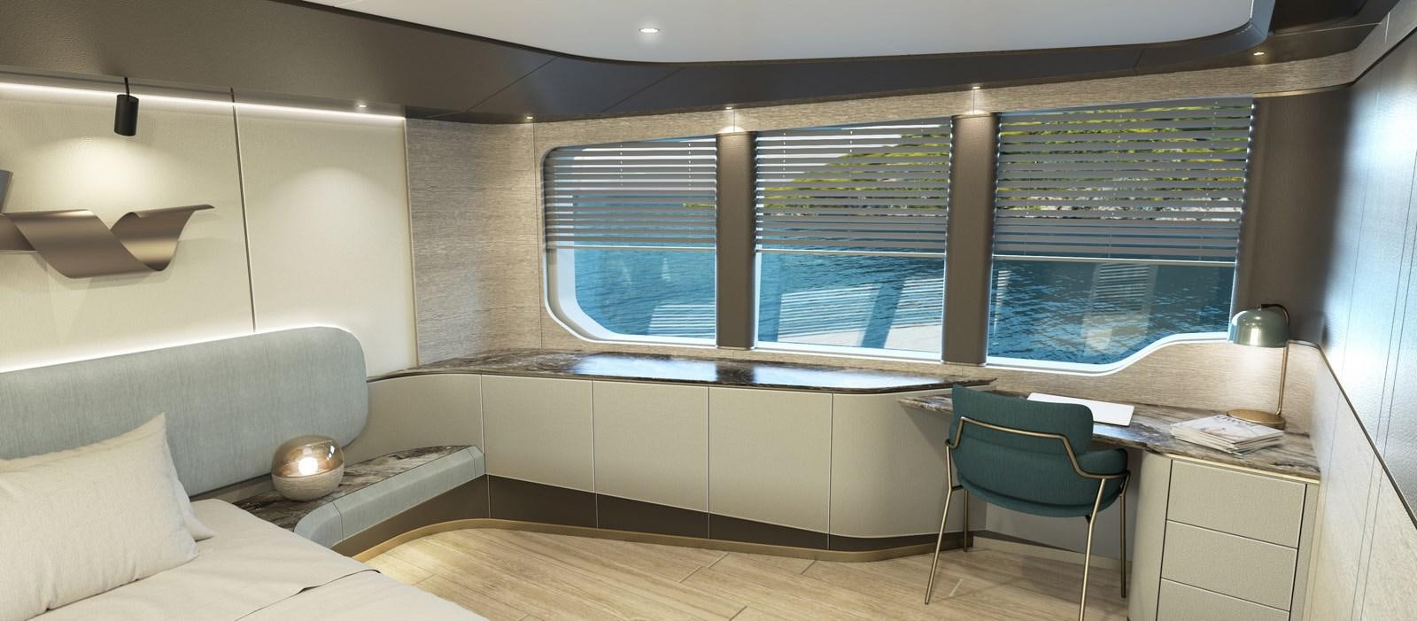 a room with a desk and a bed aboard KANDO 90 Yacht for Sale