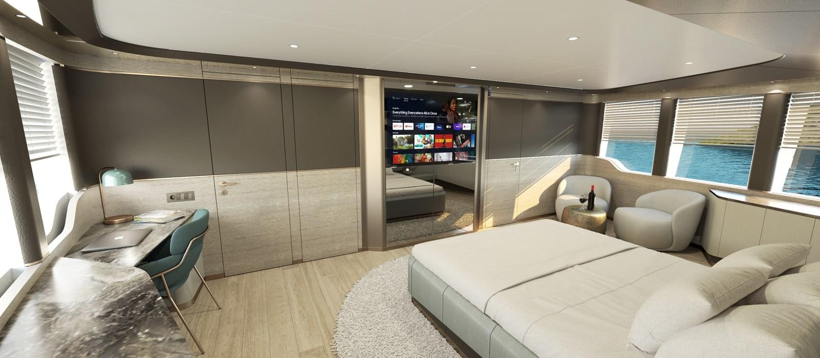 a room with a couch and a tv aboard KANDO 90 Yacht for Sale