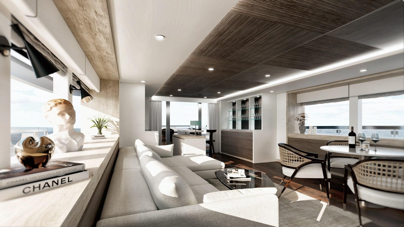 a living room with a large window aboard KANDO 90 Yacht for Sale