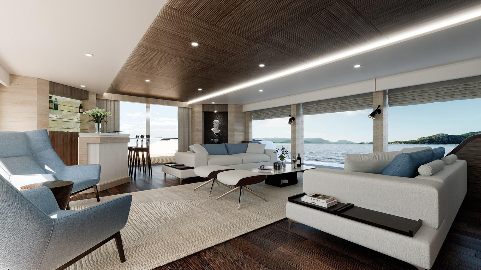 a modern living room with a large window aboard KANDO 90 Yacht for Sale