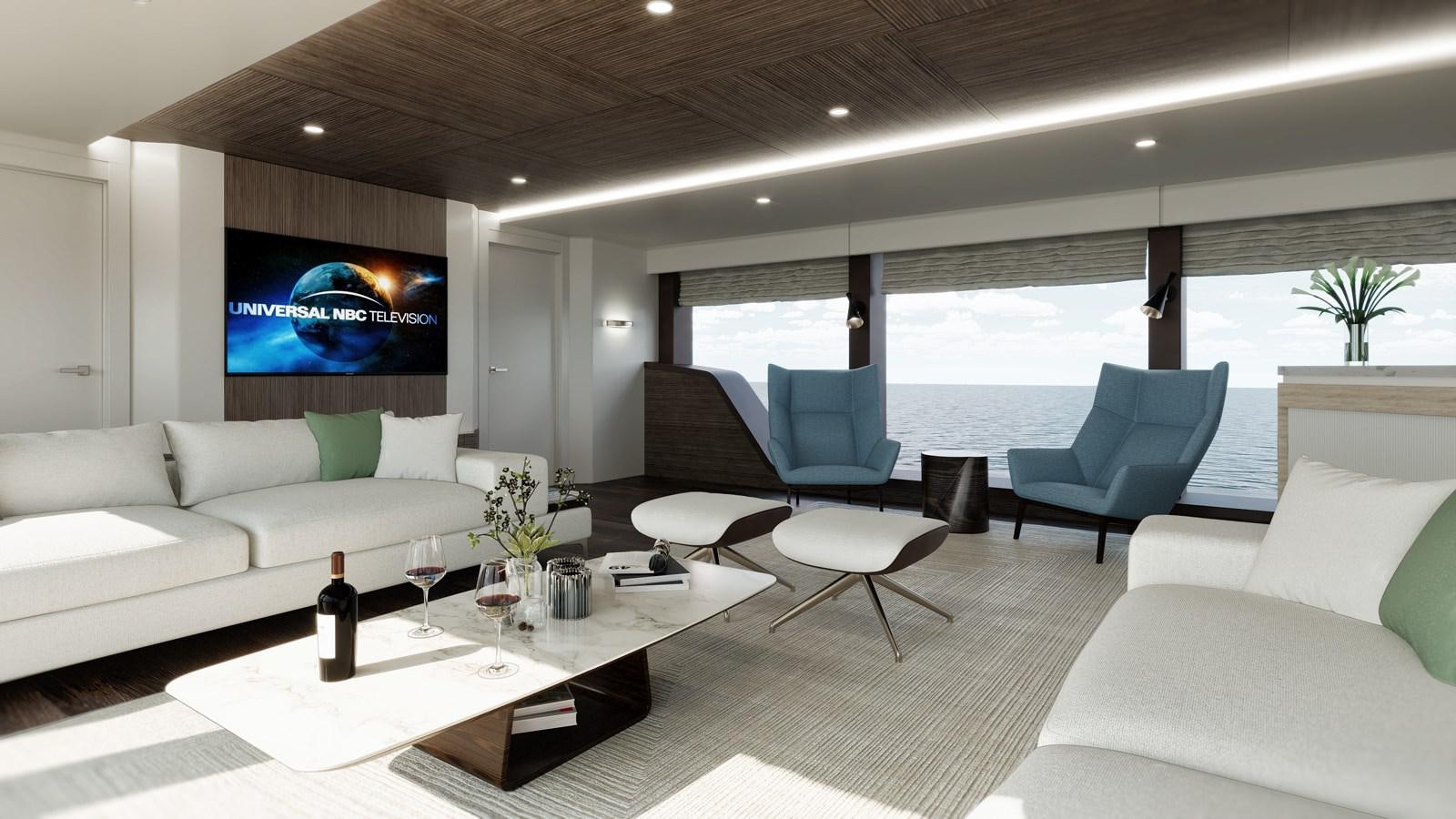 a living room with a large patio aboard KANDO 90 Yacht for Sale