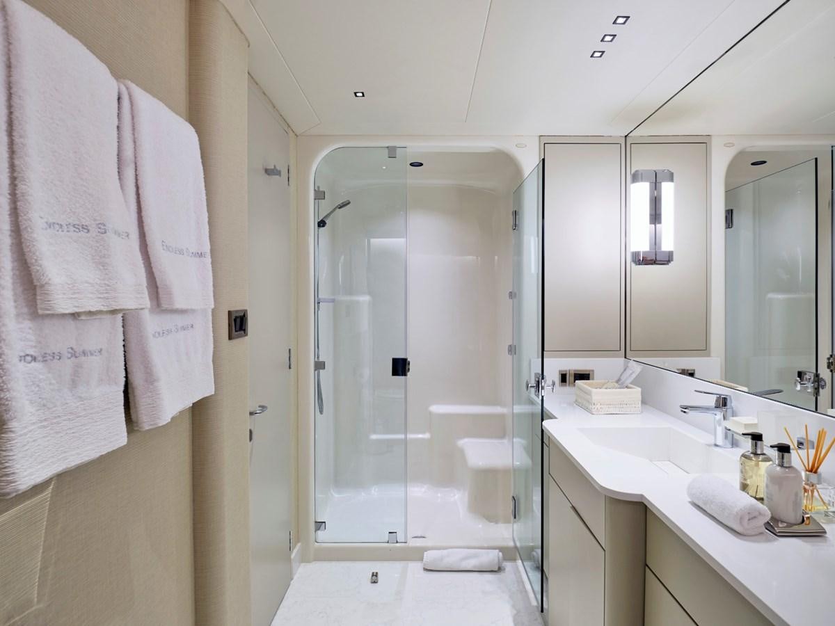a bathroom with a shower and sink aboard ENDLESS SUMMER Yacht for Sale