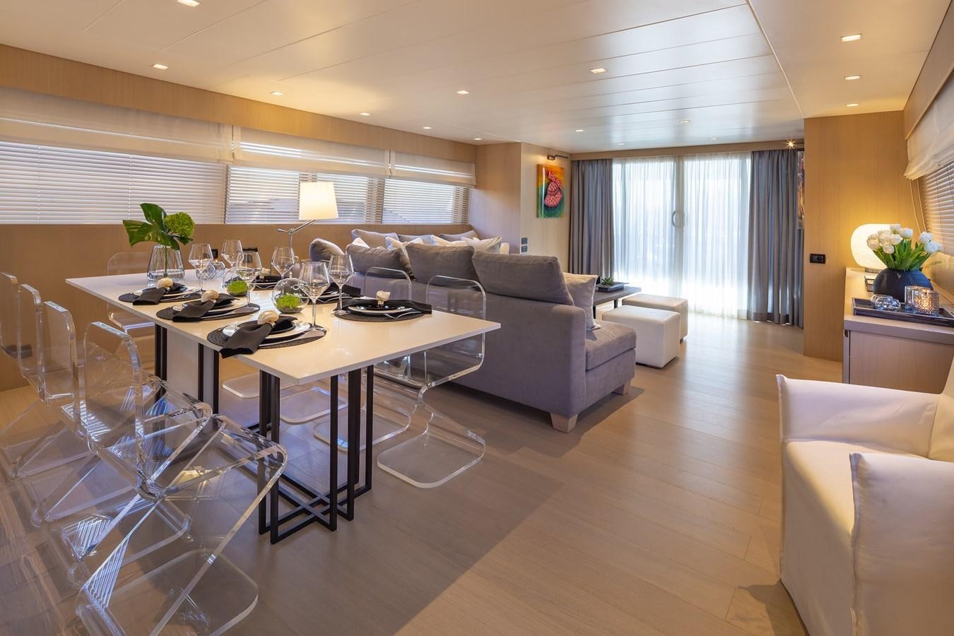 a living room with a couch and a table aboard SUMMER FUN Yacht for Sale