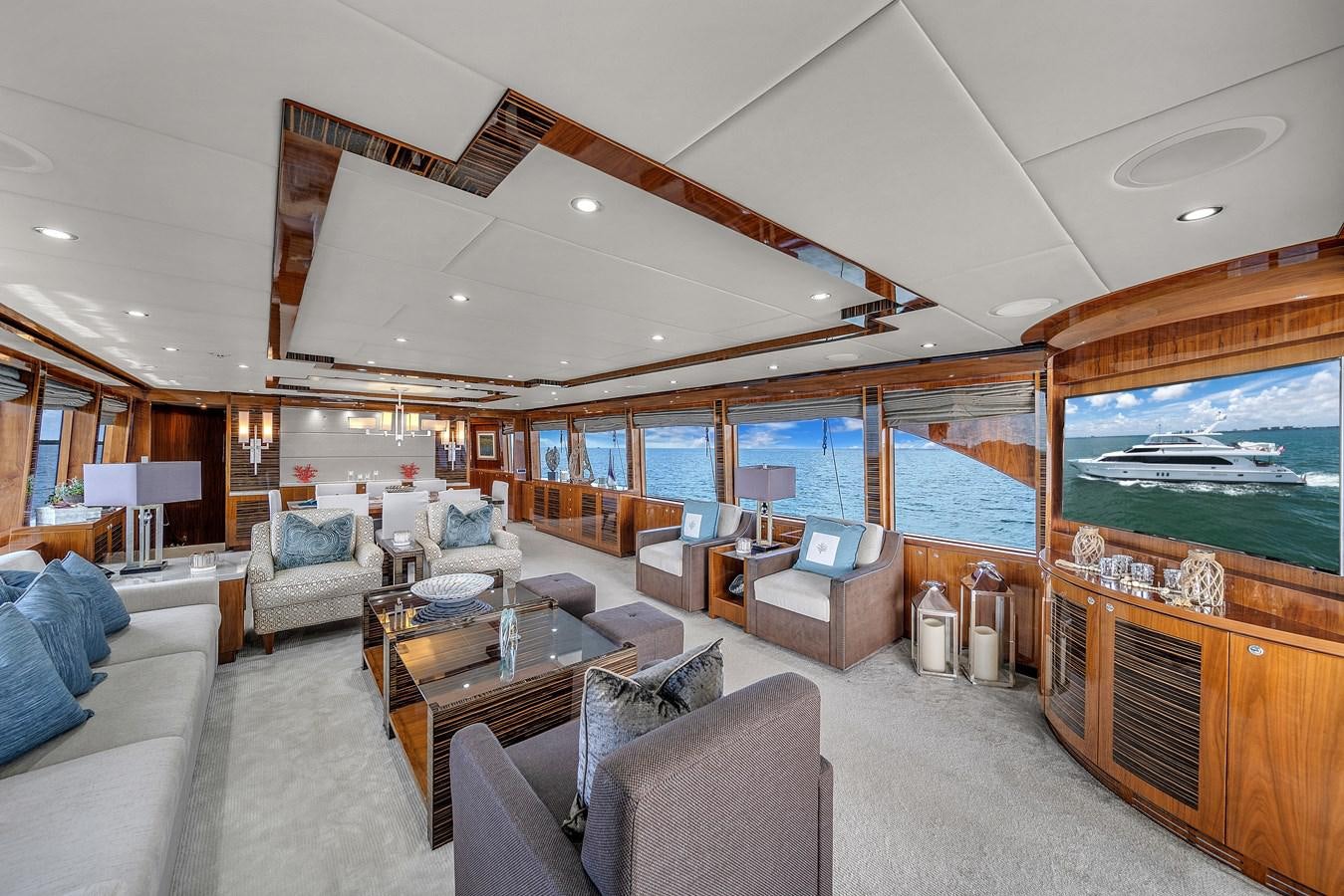 a living room with a large swimming pool aboard 101' HARGRAVE Yacht for Sale