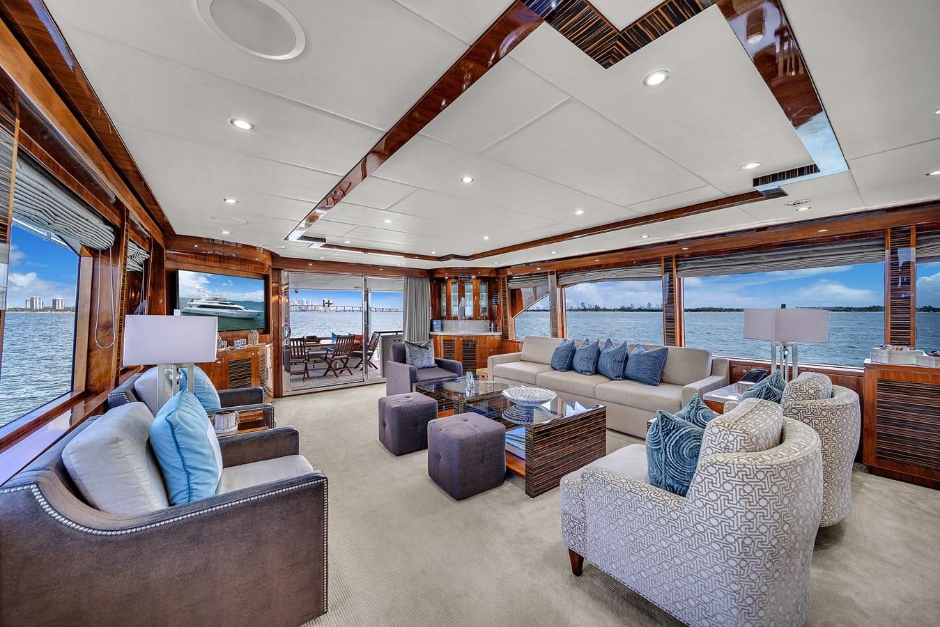 a living room with a large open ceiling aboard 101' HARGRAVE Yacht for Sale