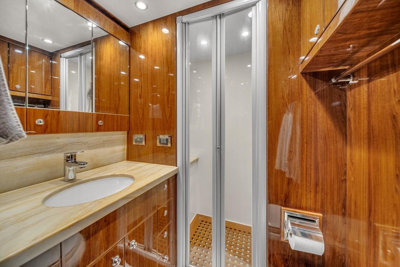 a bathroom with a sink and a shower aboard 101' HARGRAVE Yacht for Sale