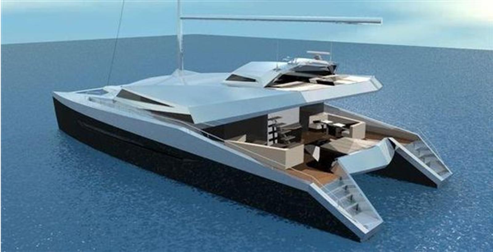 a white boat on a blue surface aboard 2023 PDIGREE CAT BLOOMFIELD Yacht for Sale