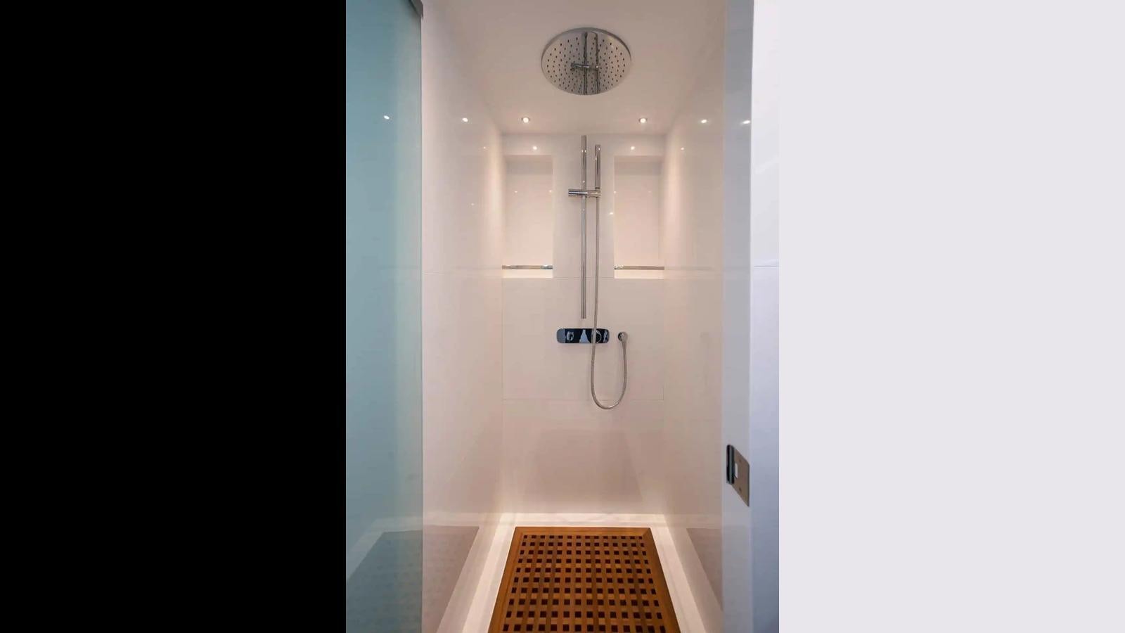 a bathroom with a shower aboard SG Yacht for Sale
