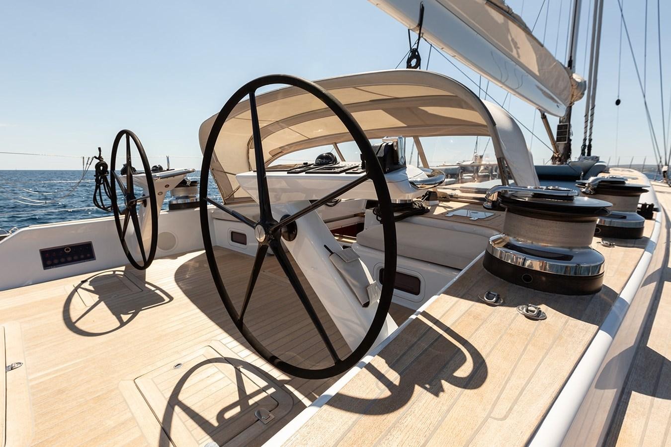 a steering wheel on a boat aboard FRIDAY Yacht for Sale