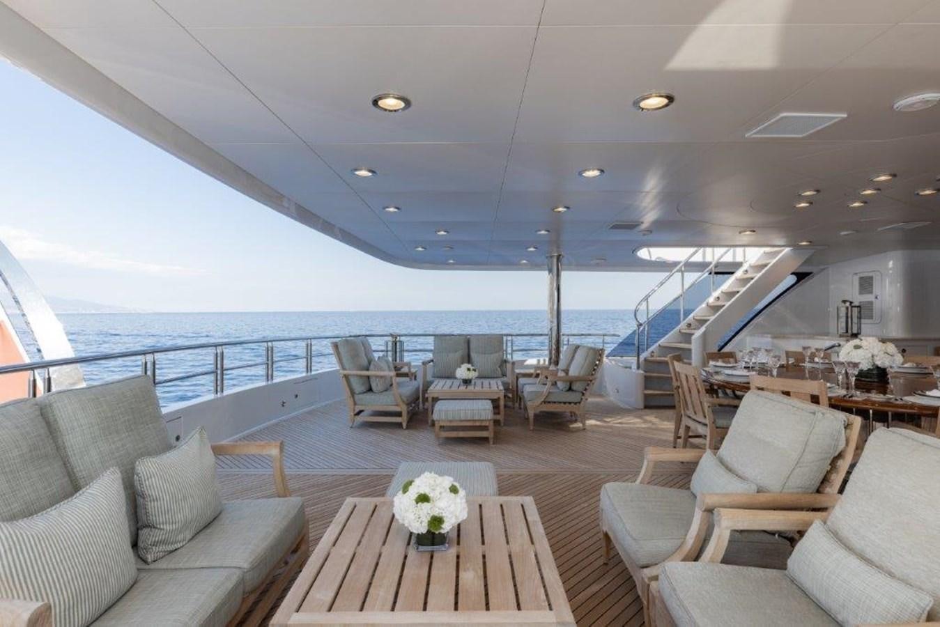 a large lounge area with a table and chairs aboard IRON BLONDE Yacht for Sale