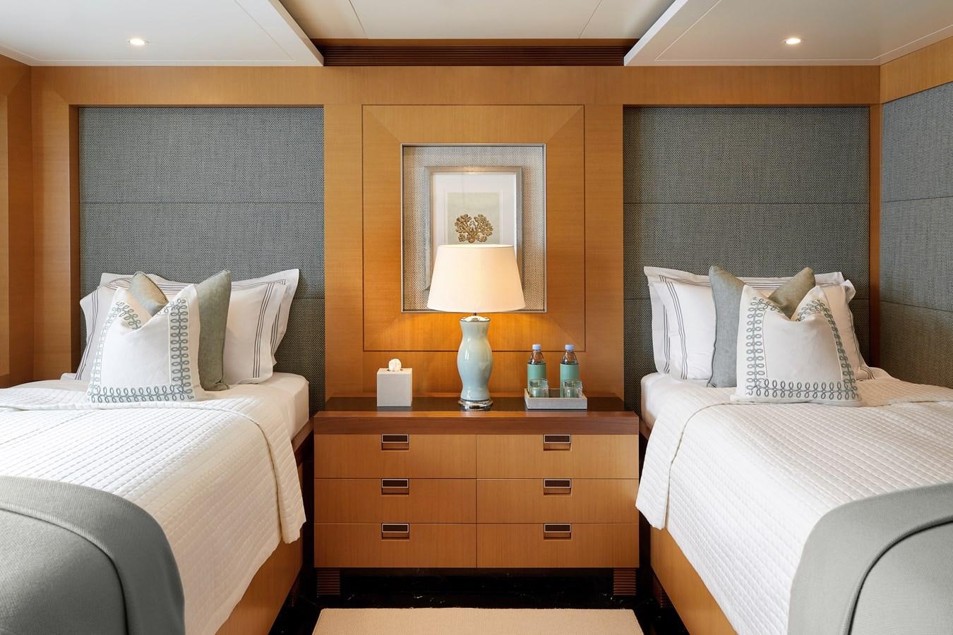 a room with two beds aboard LA BLANCA Yacht for Sale
