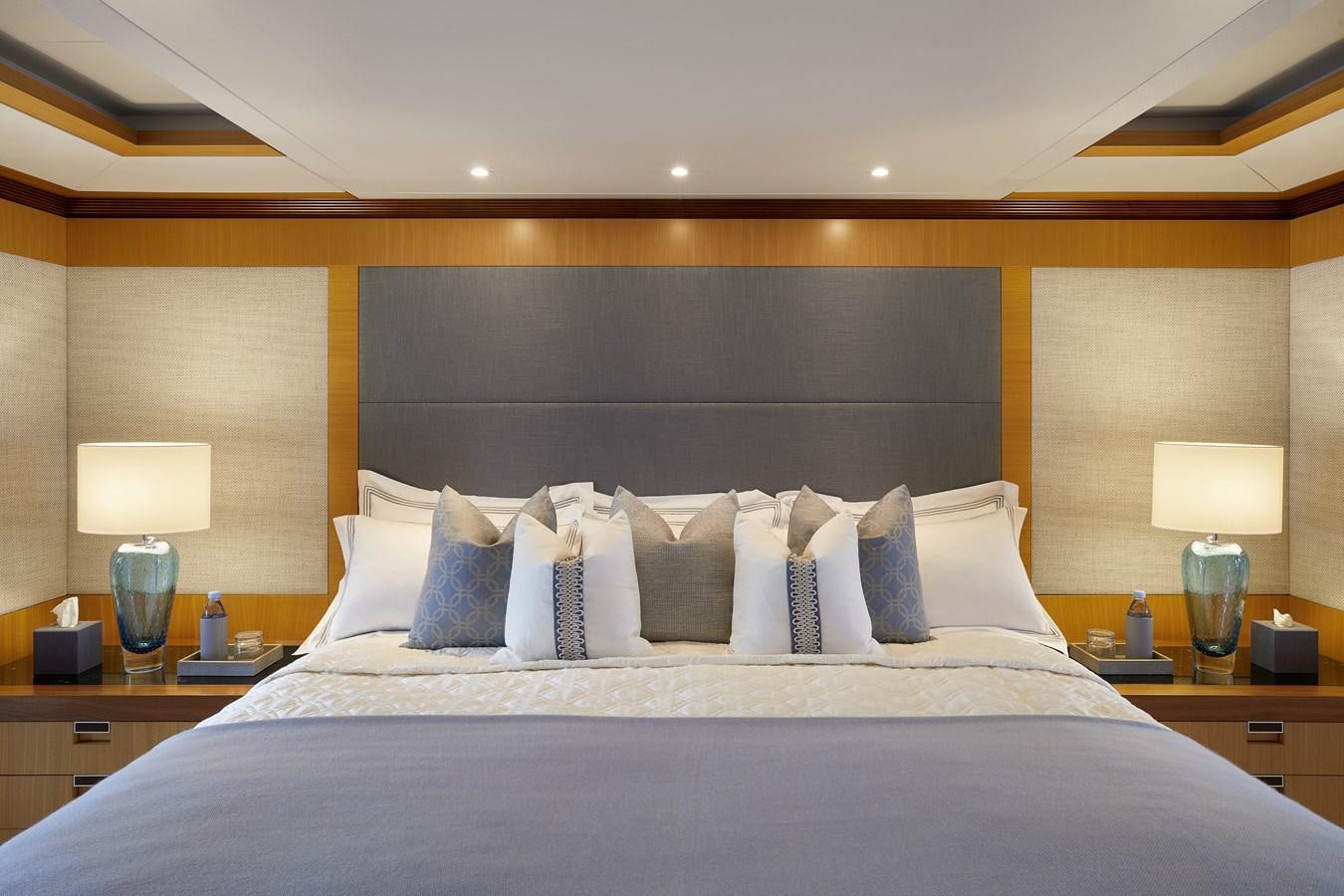 a large bed with pillows aboard LA BLANCA Yacht for Sale