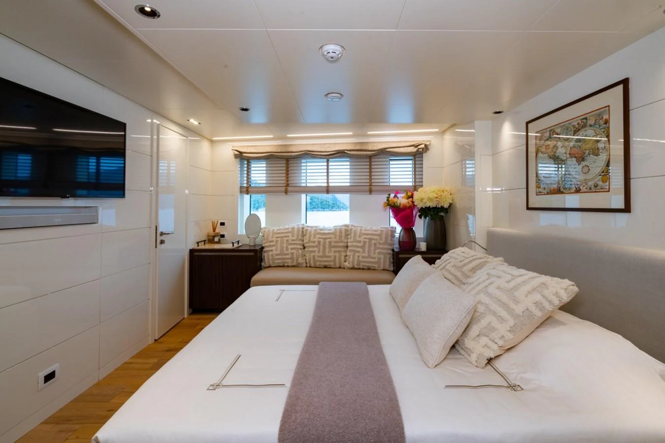 a large bed in a room aboard K584 Yacht for Sale