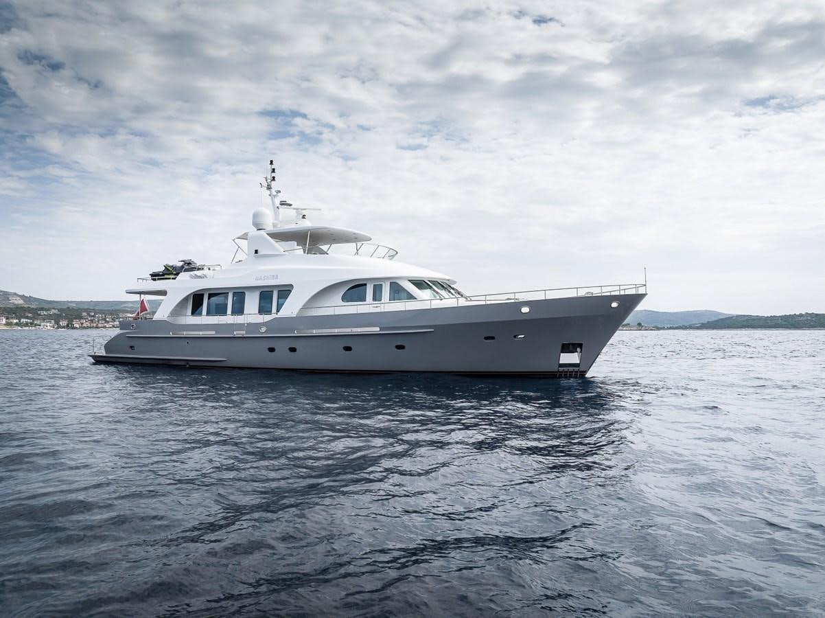 a white yacht in the water aboard NASHIRA Yacht for Sale