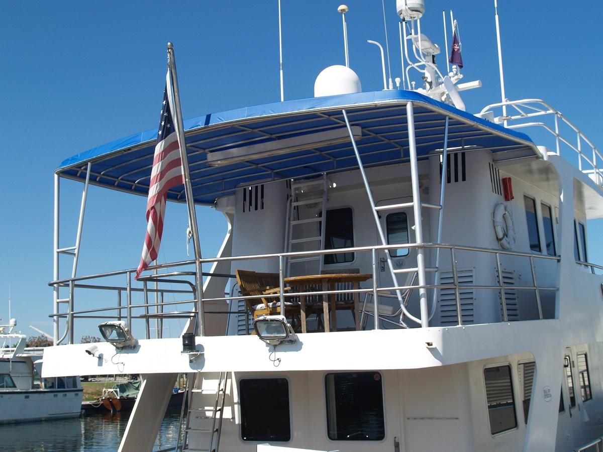 a boat with flags on it aboard PATRICIA D Yacht for Sale