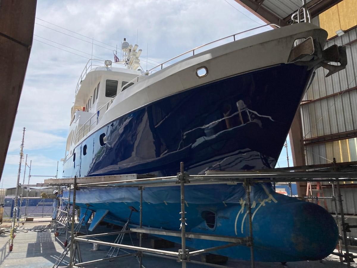 a large blue and white boat aboard PATRICIA D Yacht for Sale