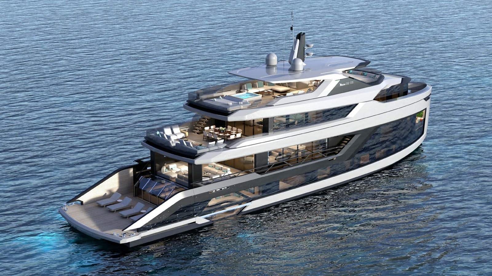 a white and black ship on water aboard 132DS MAZU Yacht for Sale