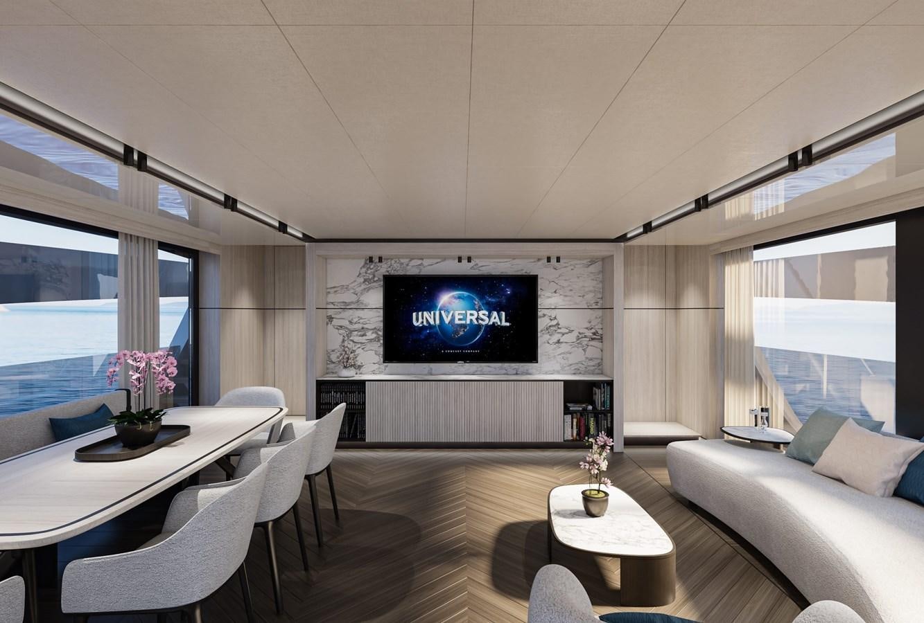 a living room with a large screen aboard EXTRA X98 RPH Yacht for Sale