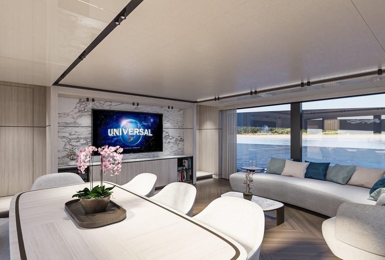 a living room with a large screen aboard EXTRA X98 RPH Yacht for Sale