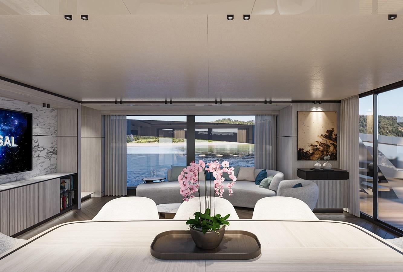 a living room with a large window aboard EXTRA X98 RPH Yacht for Sale